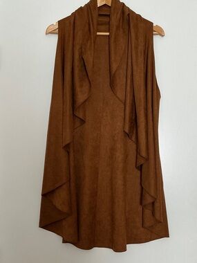 Brown Draped Suede-Look Sleeveless Vest